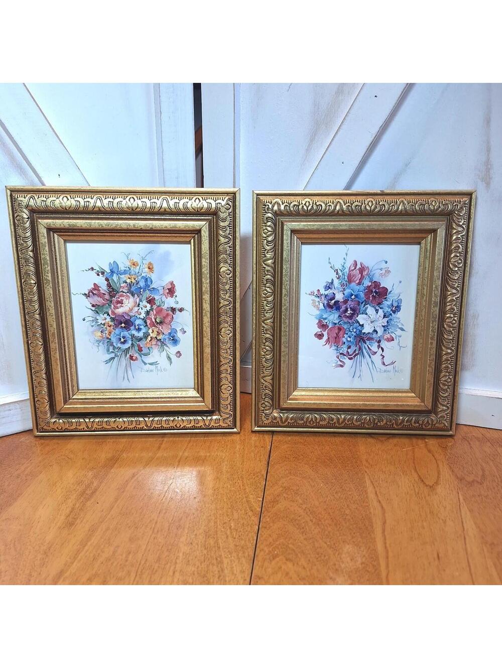 Pair of Barbara Mock 6.5x7.25" Floral Prints Framed In Ornate Gold Frames Signed